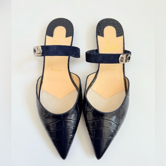 Christian Louboutin Dark Navy blue Choc lock flat calf ali embossed mules EU 40 - Picture 1 of 10